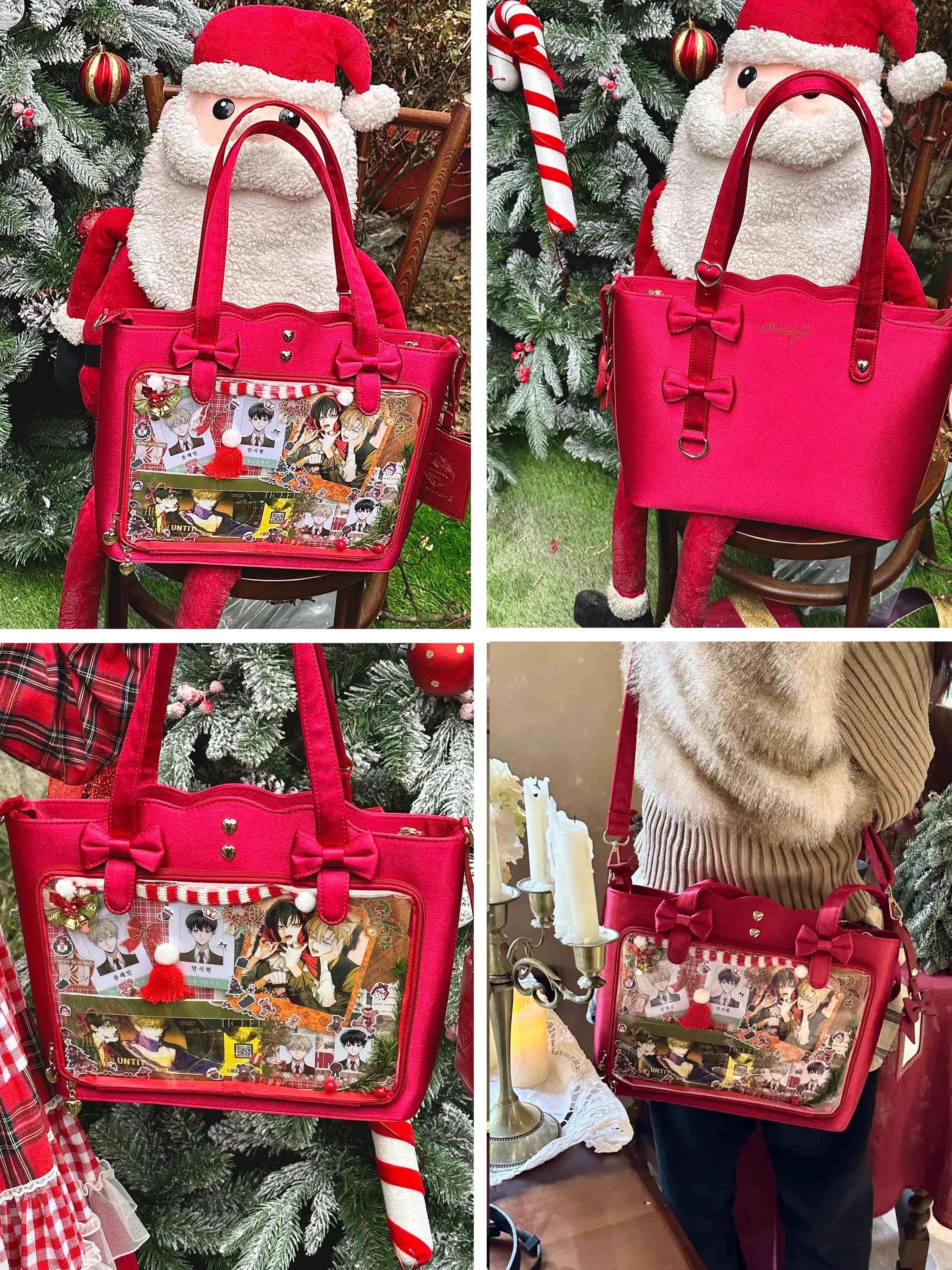 Jirai Kei ita bag hand-carry styling view displaying prominent bow-adorned handle, size proportion to body, and elegant handheld presentation for intimate aesthetic photography