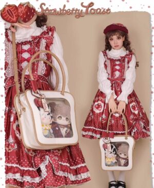 Strawberry Toast Jirai Kei Ita Bag worn by two girls in red Lolita dresses showing full display window with character dolls inside