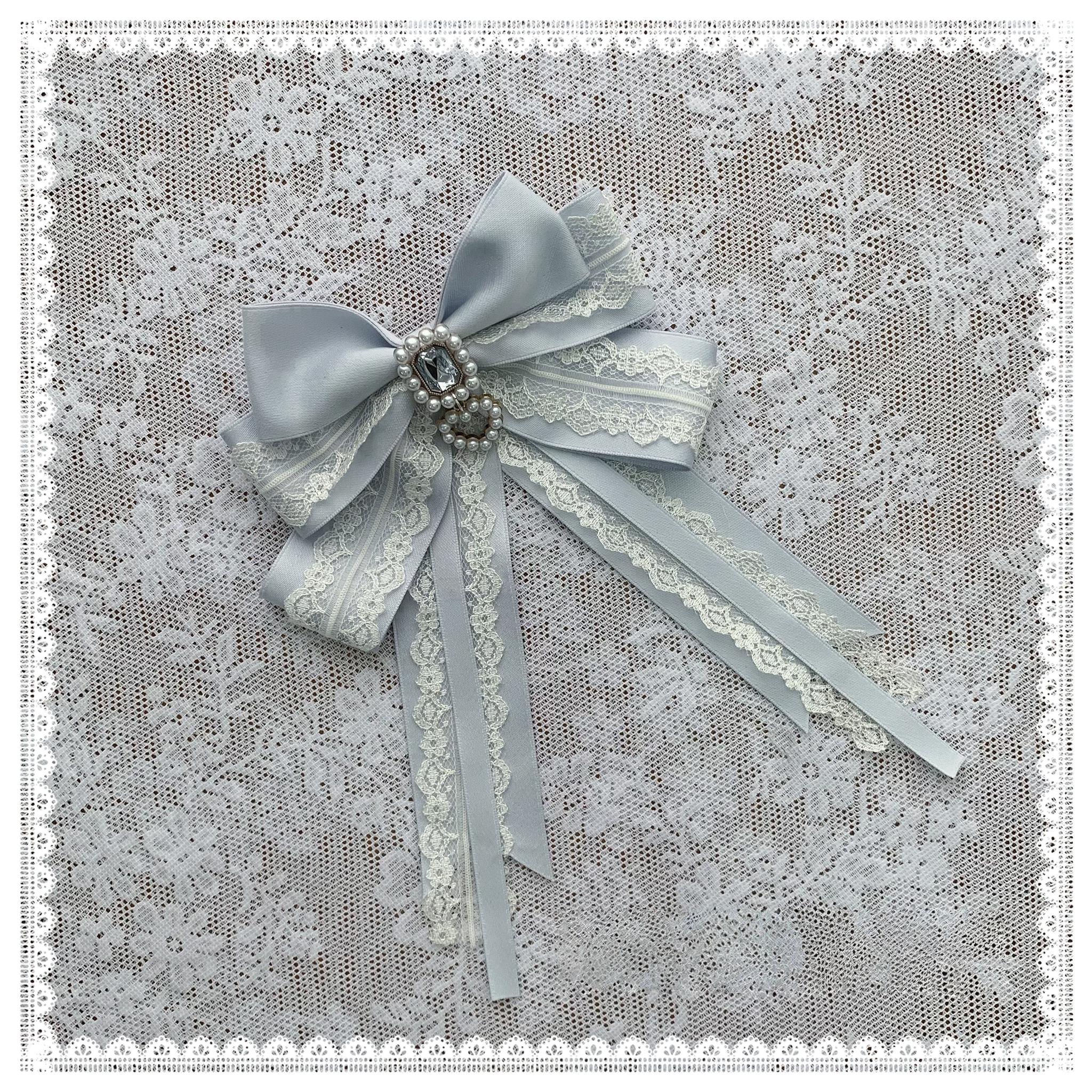 Blue bow tie Jirai Kei styling accessory rhinestone detail with lace blouse