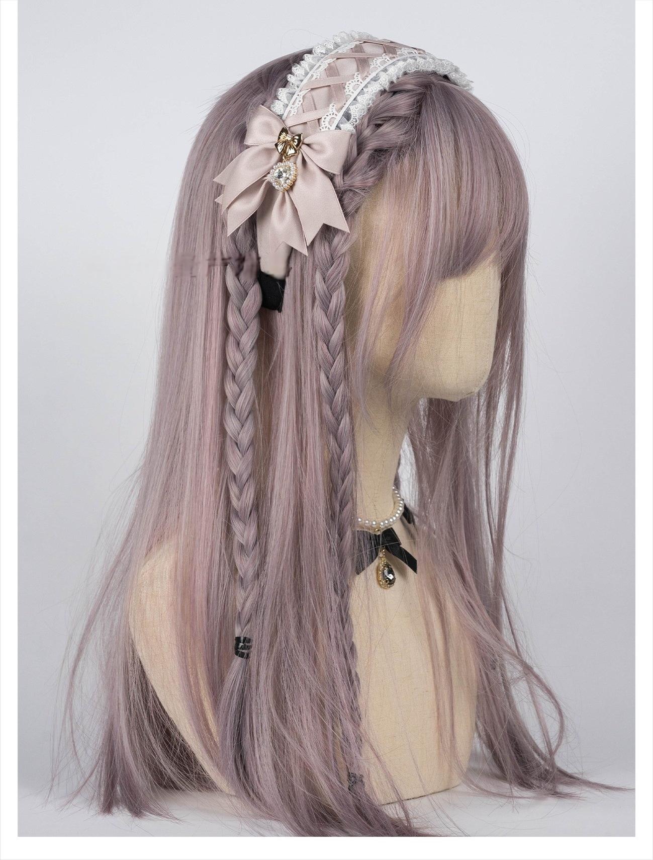 Dusty pink white-pink Jirai Kei lace headband with ruffled lace layers, satin bow, and heart-shaped rhinestone pendants on mannequin with lilac braided wig, right side detail view