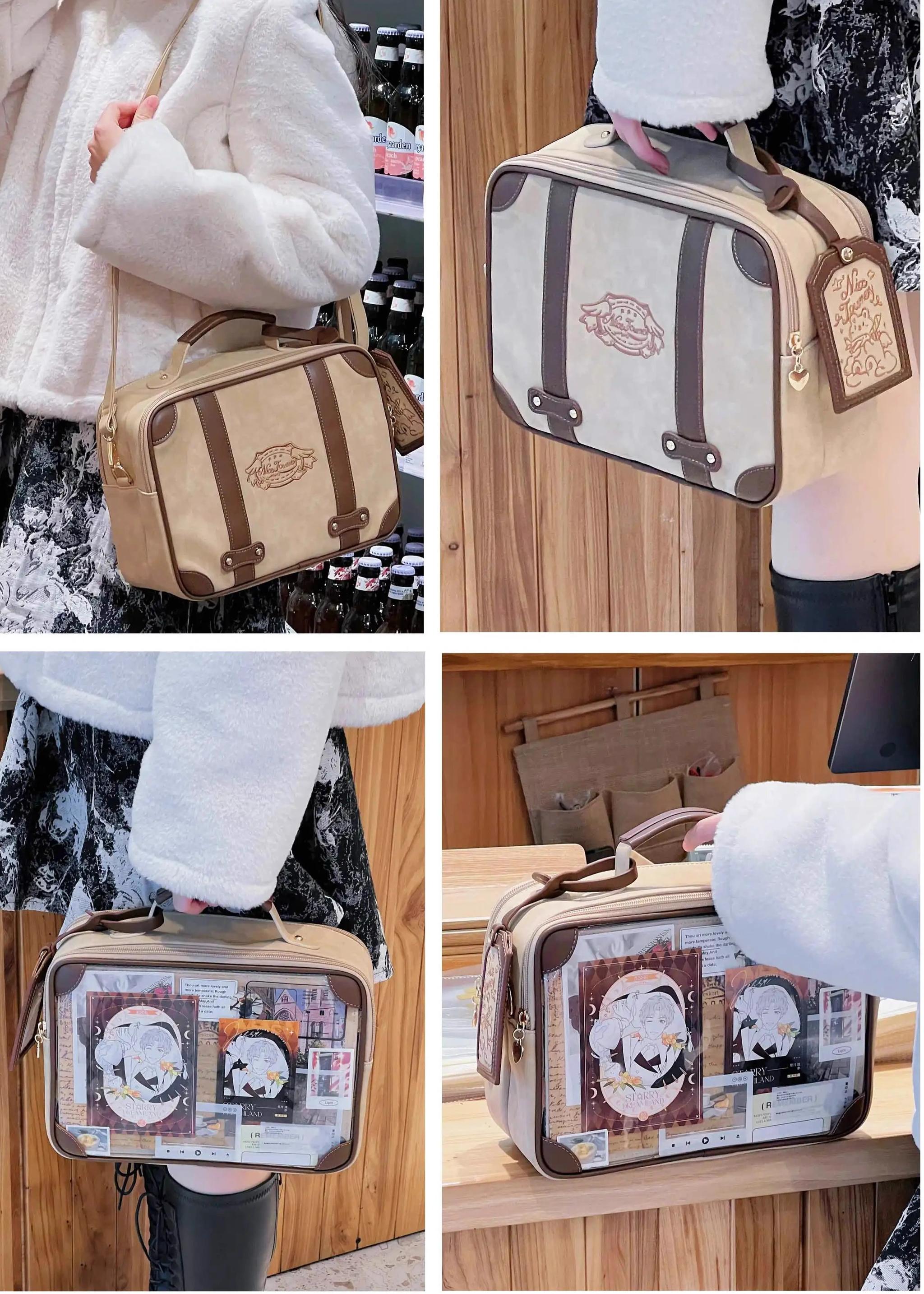 Vintage jirai kei itabag four-view small collage various carrying perspectives back front indoor casual spaces leather trim display