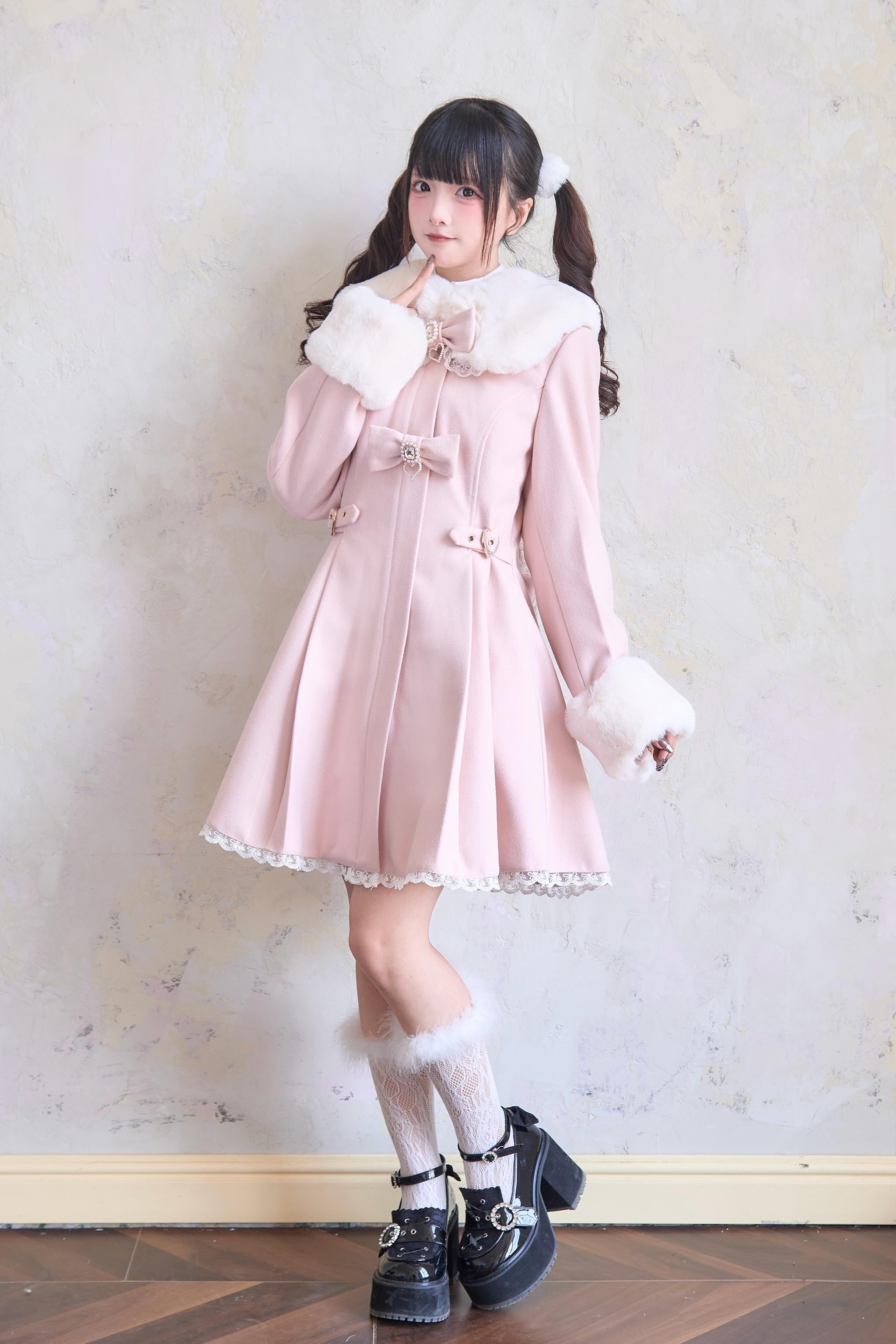 Pink Jirai Kei Winter Coat Daywear Styling - Subtle Bow Details Minimal Accessories Aesthetic