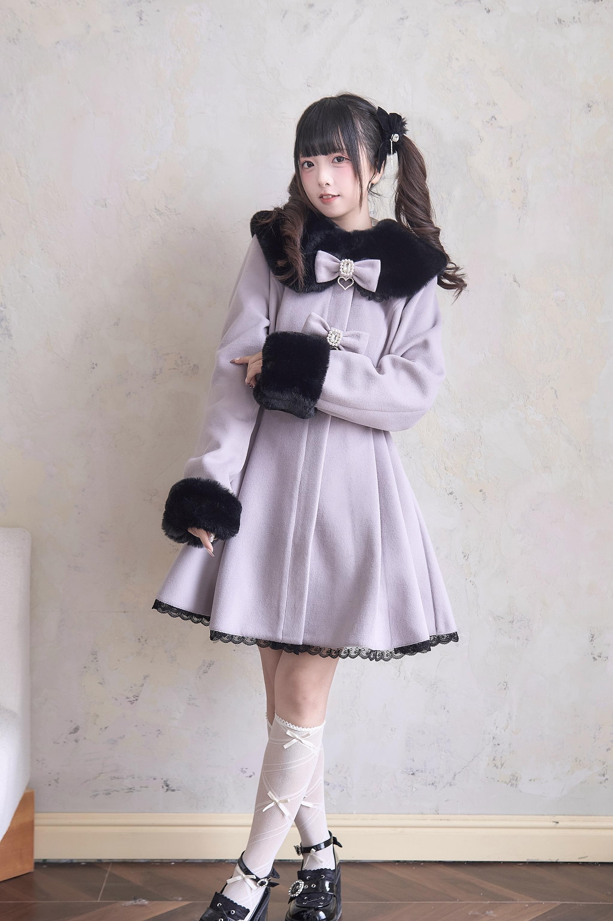 Violet Landmine Lace Winter Coat Full Body Front View with Black Fur Trim and Bow Accents - Jirai Kei Aesthetic