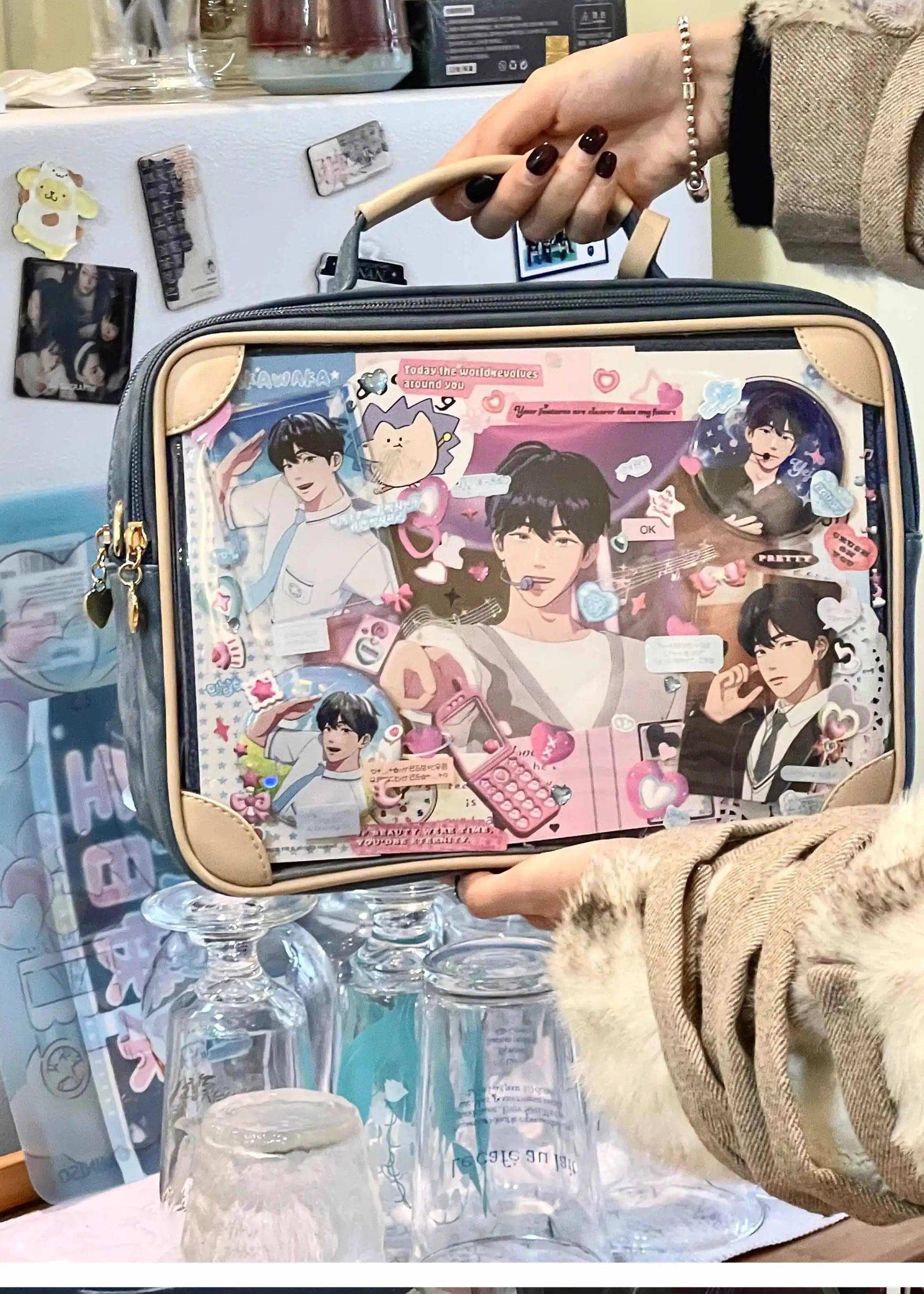 Jirai kei vintage square itabag grid display board detail modular character arrangement organizing collectibles anime character showcase