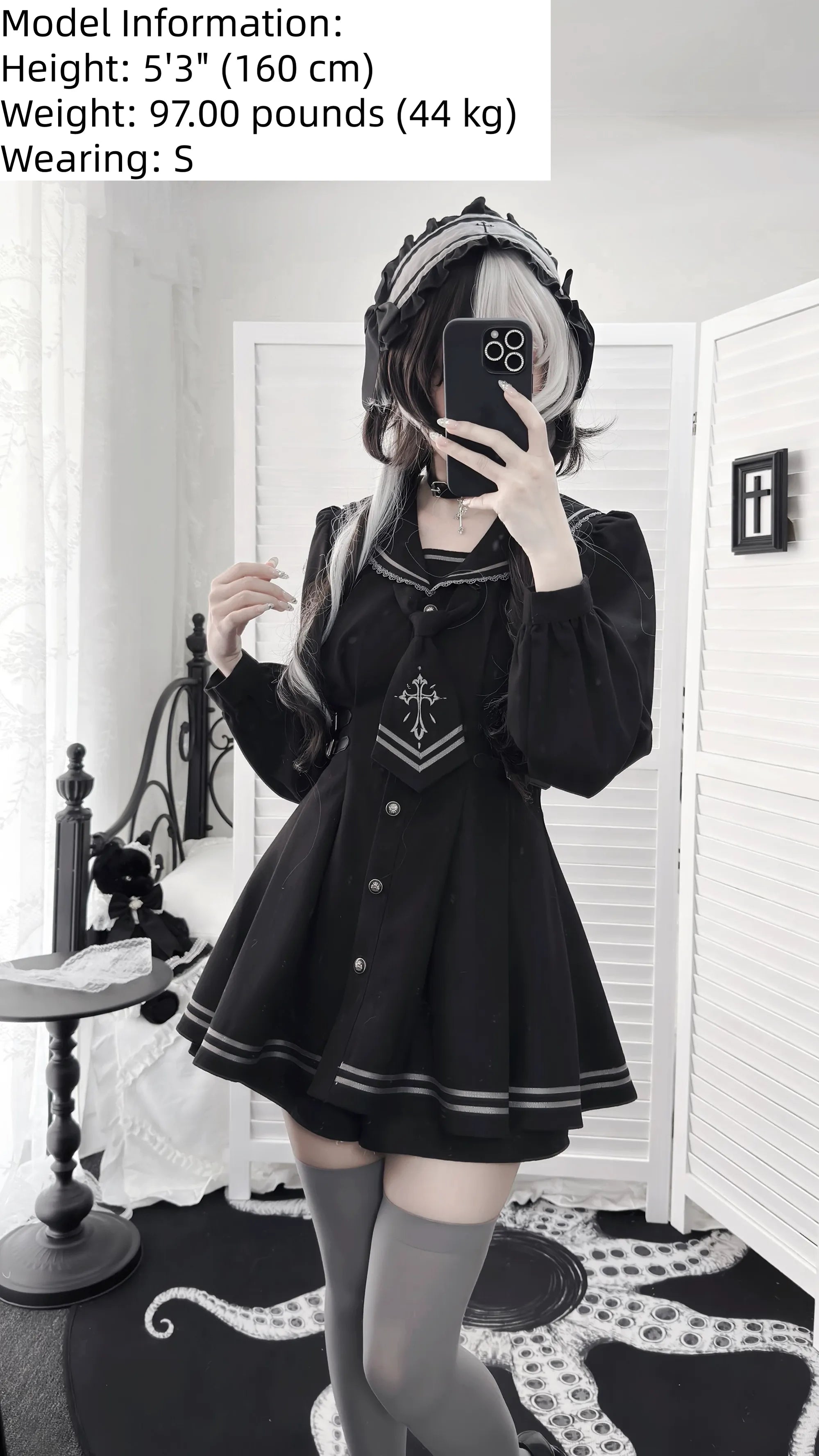 Black sailor collar JK uniform set with dual-tone wig model, gray thigh-high socks, single-breasted front and cross embroidery detail