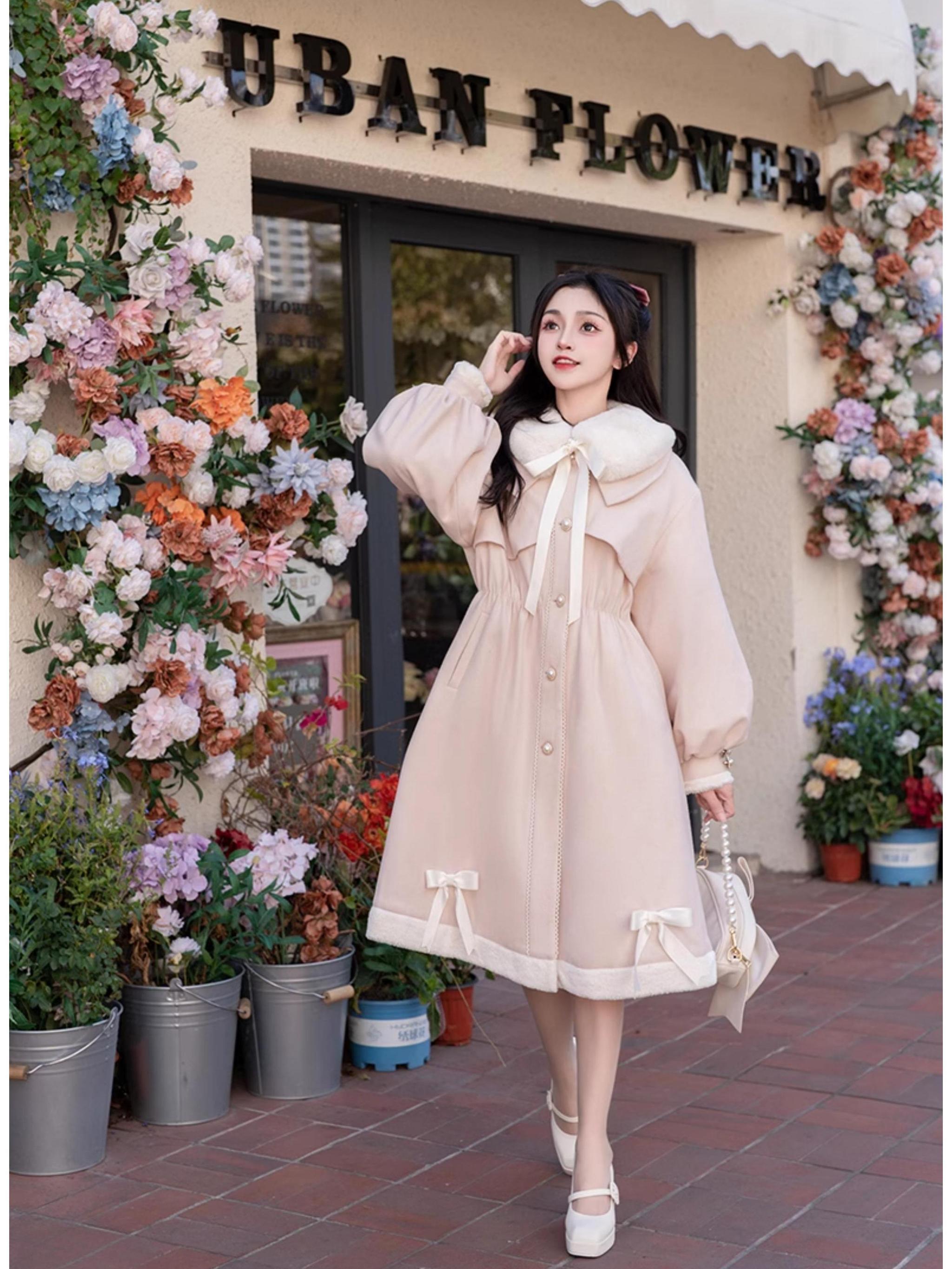 Pink Ryousangata Jirai Kei winter coat collection display - beige and pink coat color options showing fabric quality and design versatility