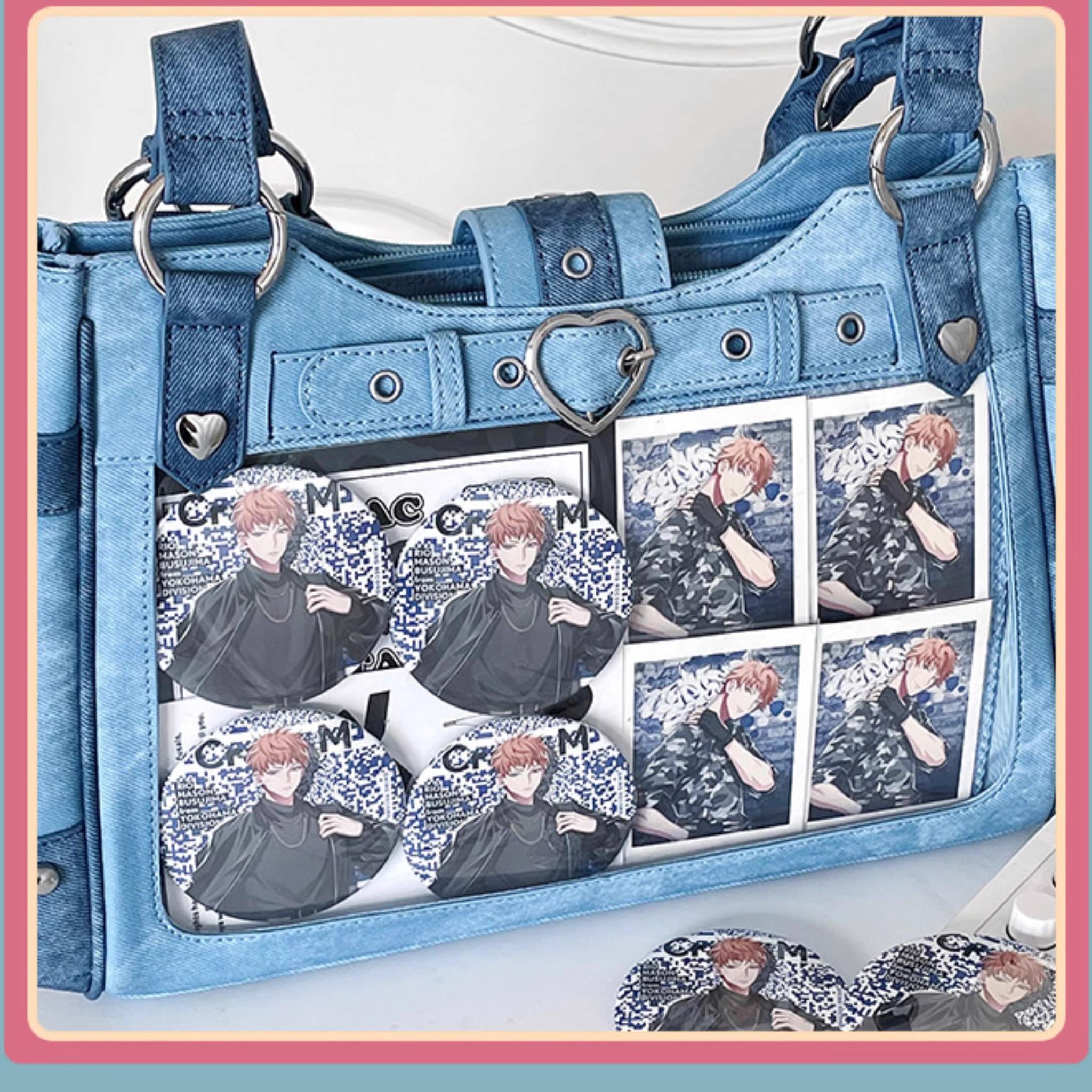Light blue Jirai Kei ita shoulder bag with detachable strap accessory shown separately demonstrating included components and strap adjustment features