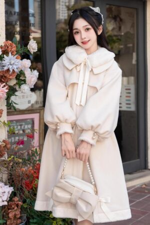 Ryousangata Jirai Kei winter coat front view - girl wearing pink padded coat with Peter Pan collar, detachable plush collar, and ribbon bow tie detail at flower shop outdoor location