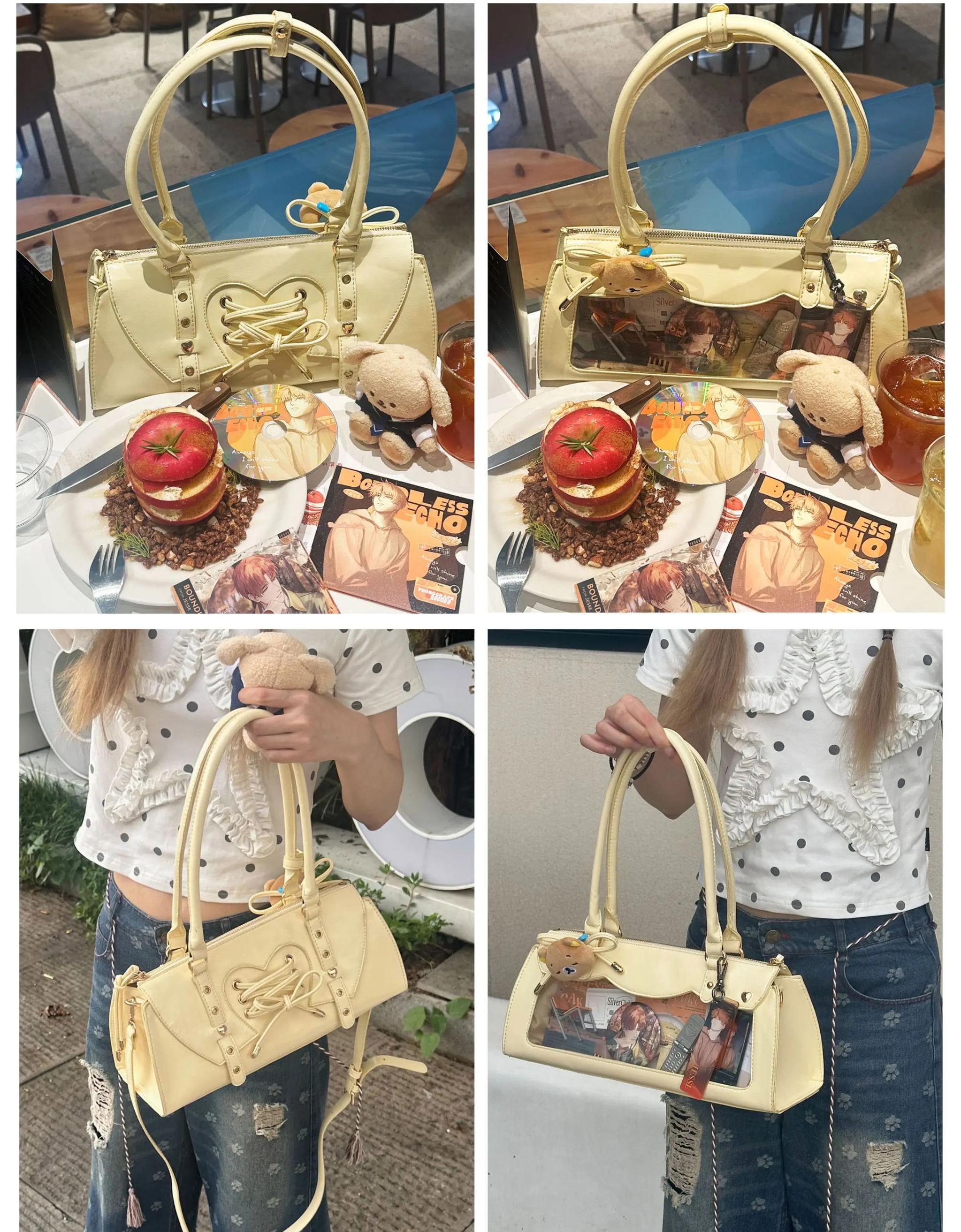 Baguette itabag with anime merchandise collection displaying various badge sizes and arrangement options