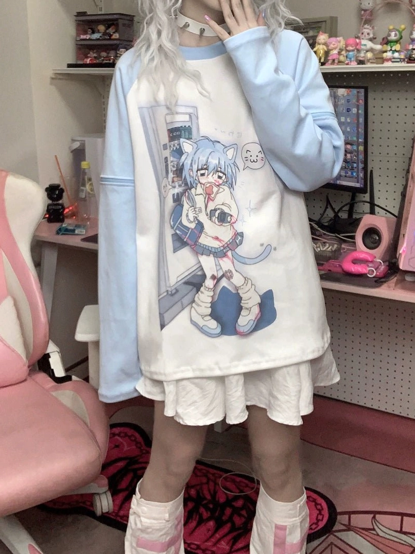 Extended raglan sleeve anime graphic tee side front view sky blue y2k gaming room aesthetic