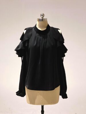 Black cold-shoulder ruffled chiffon blouse Jirai Kei style with elegant ruffled sleeves matte fabric front display