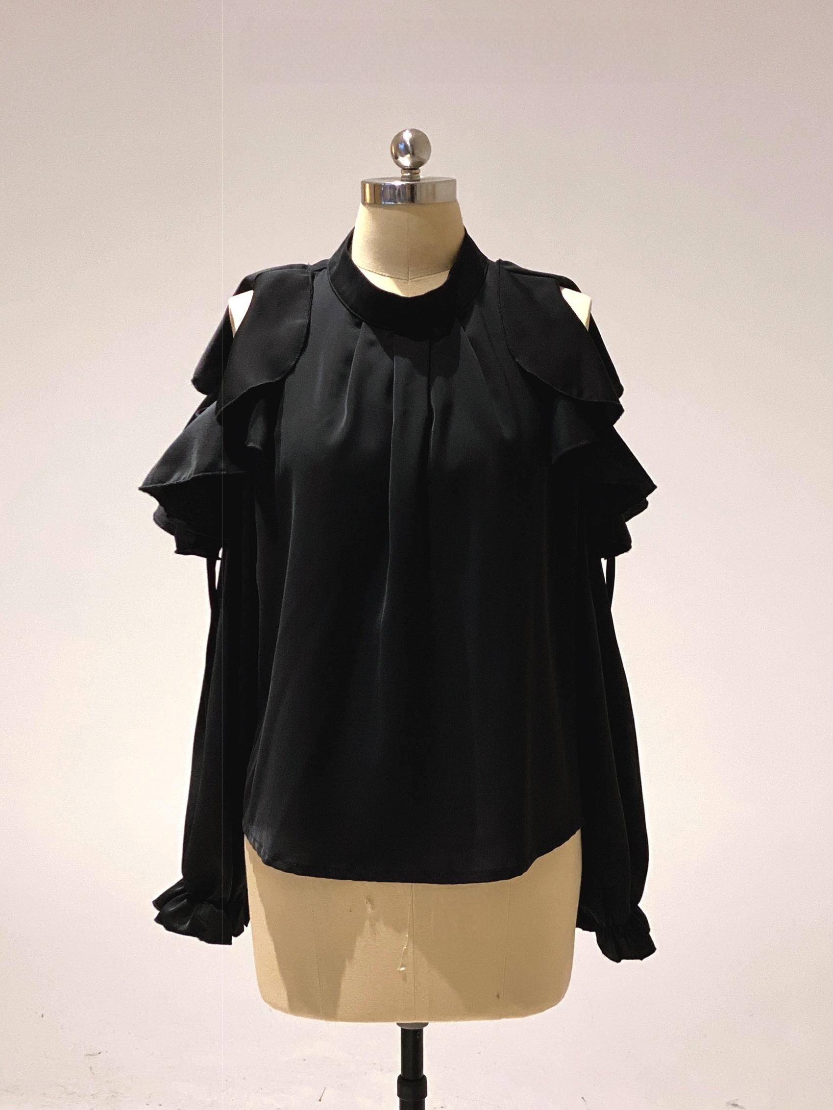 Black cold-shoulder ruffled chiffon blouse Jirai Kei style with elegant ruffled sleeves matte fabric front display