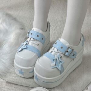 Punk platform Lolita shoes straight on front view light blue straps star musical note details chunky platform sole