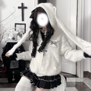 white soft faux mink jirai kei bunny ear hooded coat front half-body model shot gothic aesthetic