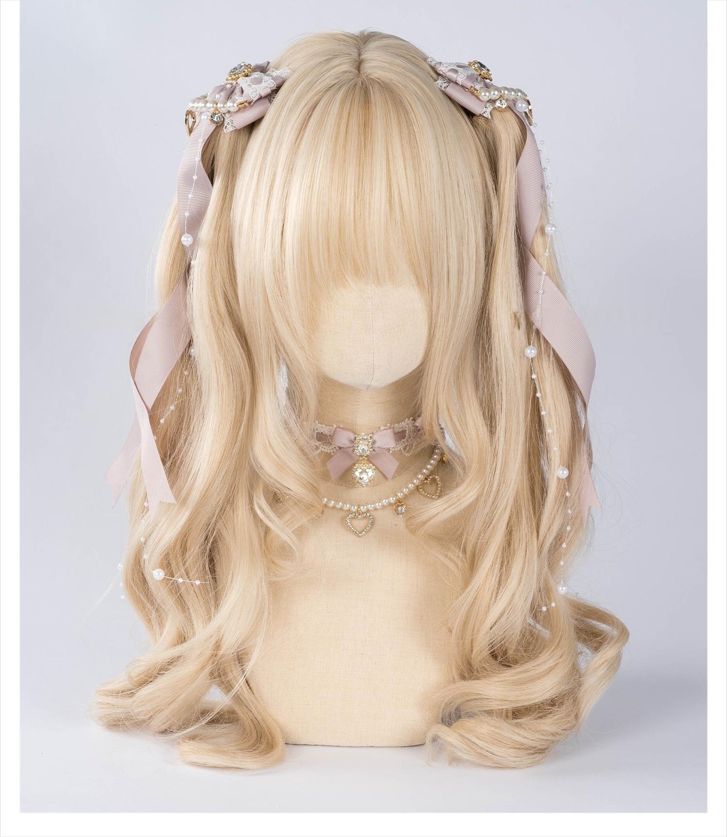 Jirai Kei light pink ribbon bow hair clips with pearl chain trim and rhinestone embellishment paired with matching light pink bow choker on mannequin