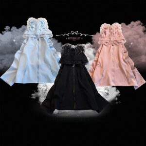 Three color options of lace bunny ear hooded zip jackets displayed flat lay - pink water blue black Jirai Kei style