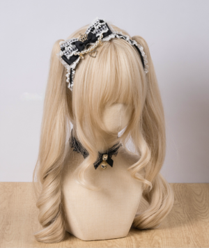 Jirai Kei delicate lace headband with multi-layer bow decoration, rhinestone charms and gold bell choker accessory frontal view