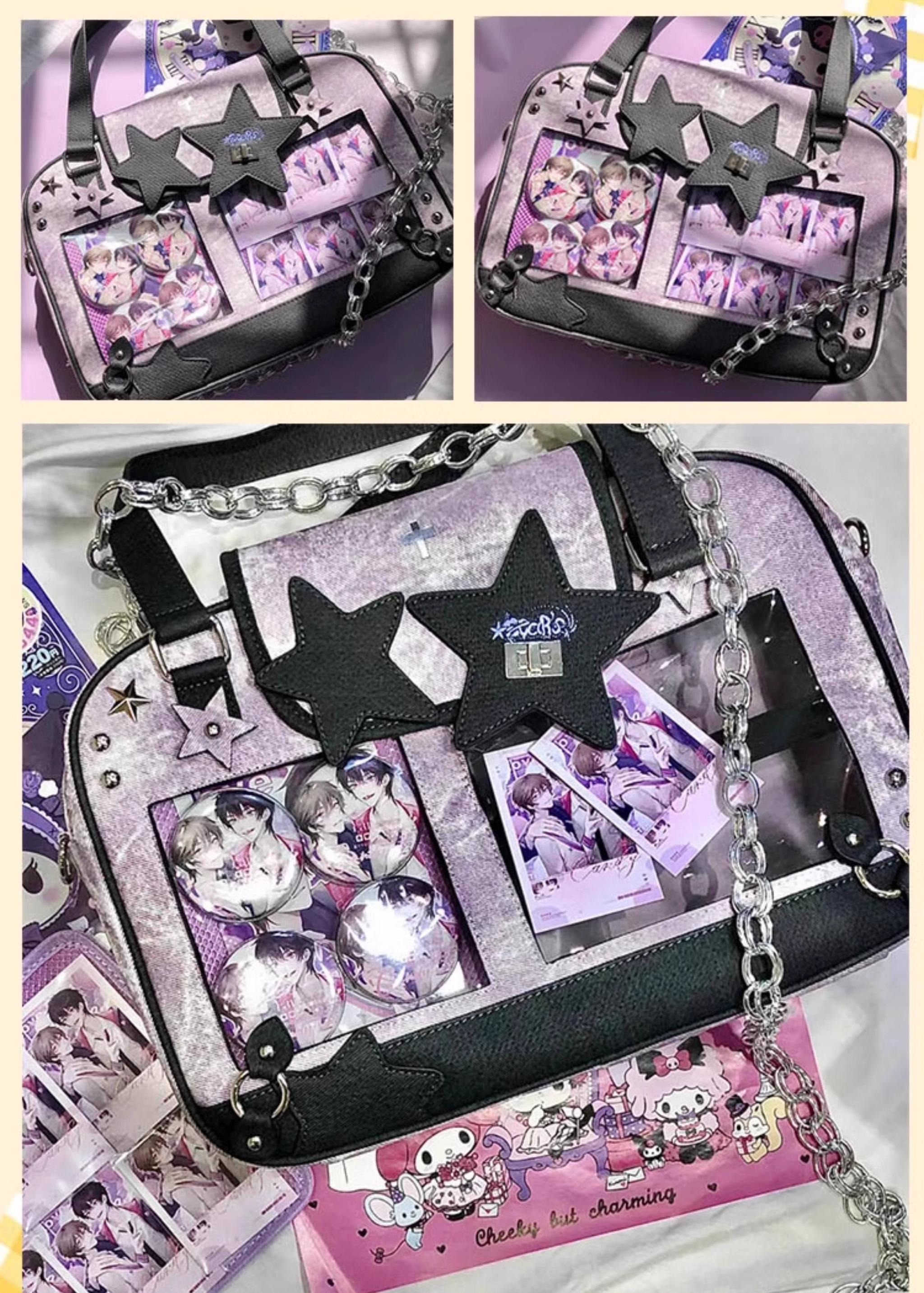Star-themed transparent Jirai Kei itabag multi-angle product display black and purple color scheme