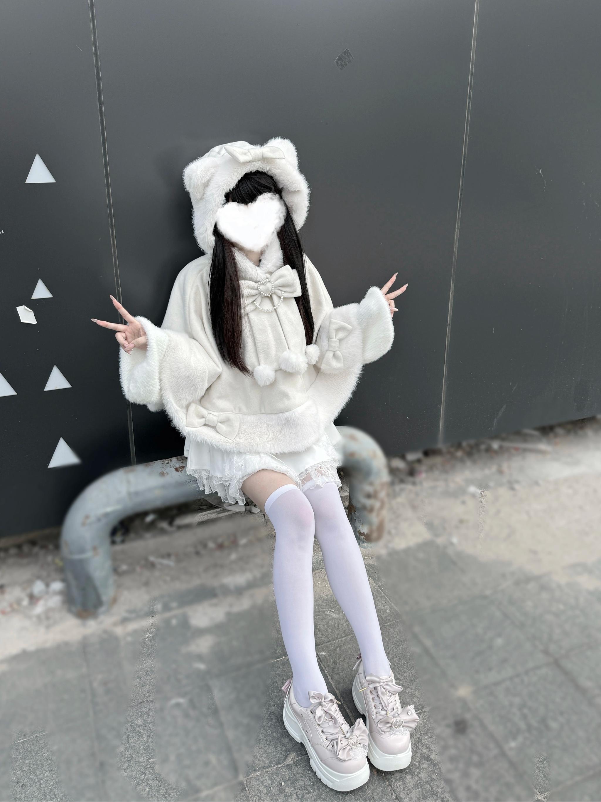Jirai Kei cat ear hooded plush cape fabric texture detail showing premium plush material and crystal embellishments