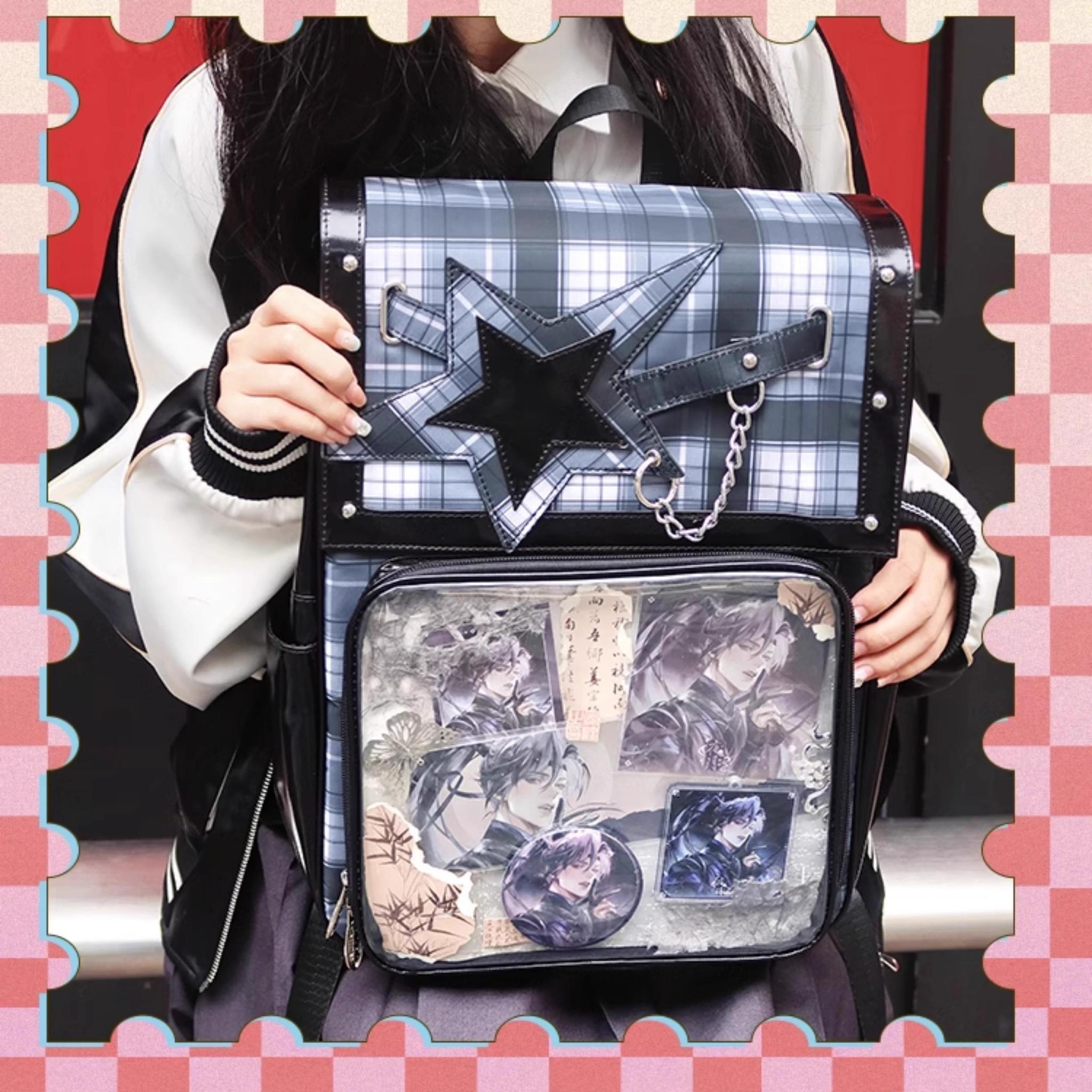Jirai Kei plaid star ita backpack front and back combined view showing complete design aesthetic