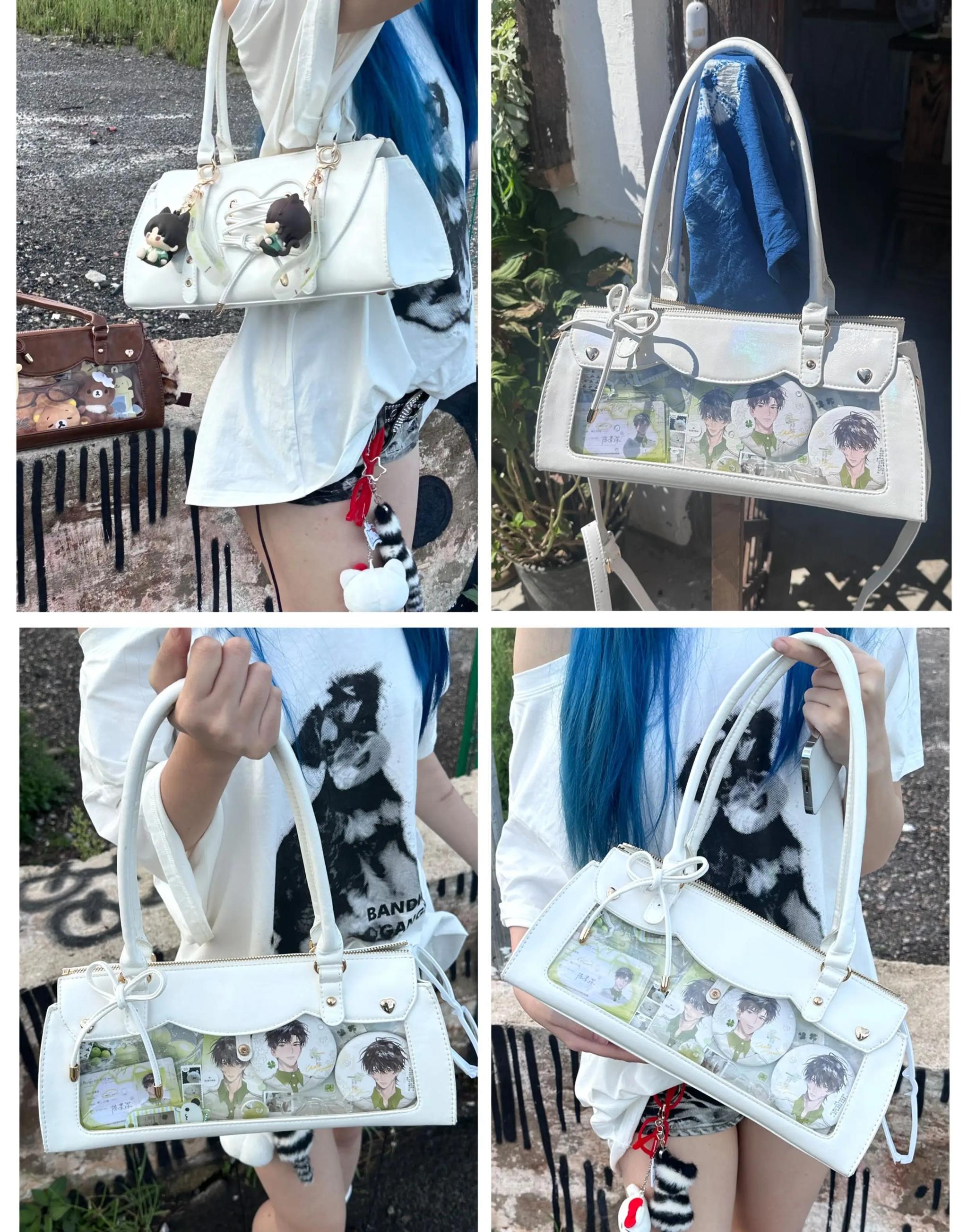Vintage baguette itabag social media ready pose with anime character showcase in natural outdoor lighting