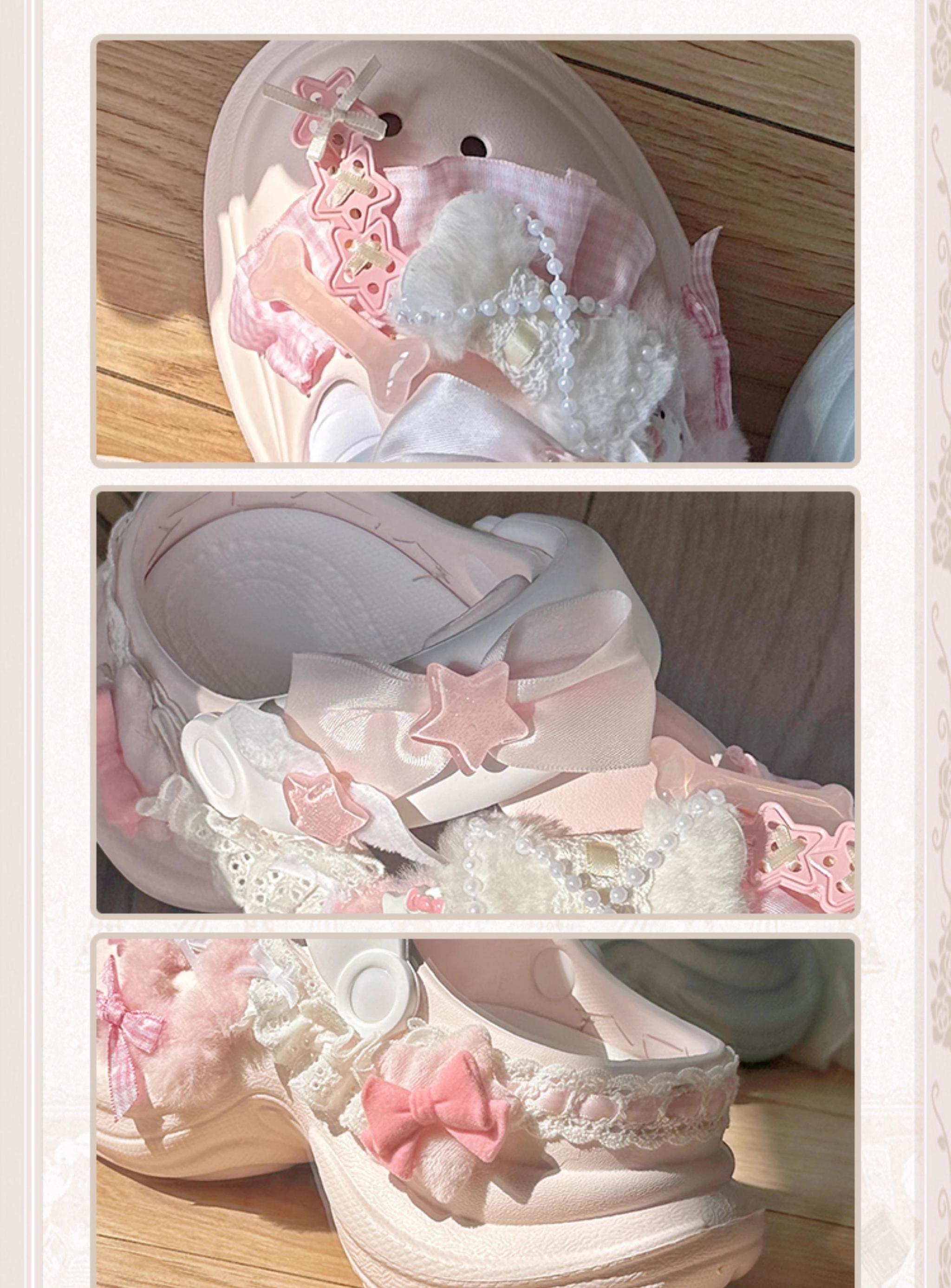 Pink Jirai Kei kawaii clog sandal flat lay detail shot showcasing star buckle, cute bow, lace decoration, and fuzzy fabric accents up close