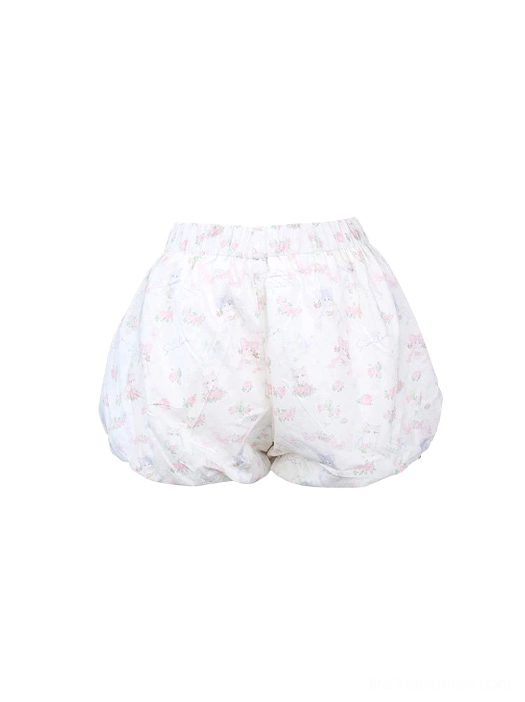 Floral print bloomers puffy lantern shorts style elastic waist flat lay showing delicate blue white pattern details