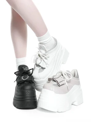 Glitter heart platform loafers jirai kei style front side view white background model wearing pink color option