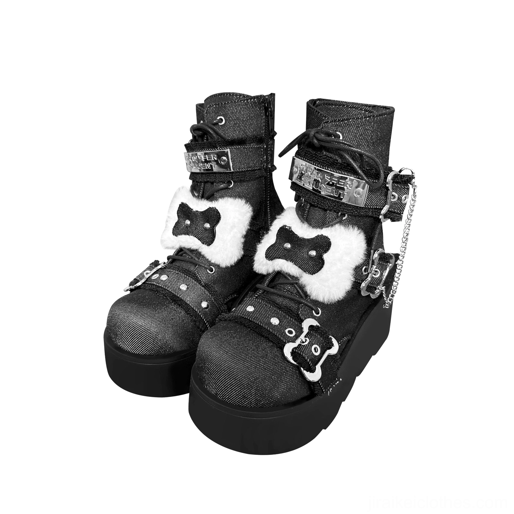 Gloss black platform Martin boots high-shine finish, metal buckle hardware, chunky platform sole, reflective surface - punk Jirai Kei aesthetic