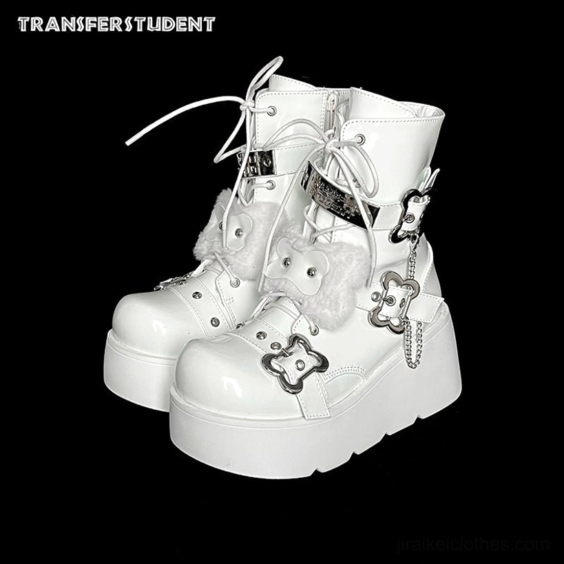 Gloss white platform Martin boots detailed product photography showcasing bone decorations, metal buckles, platform design