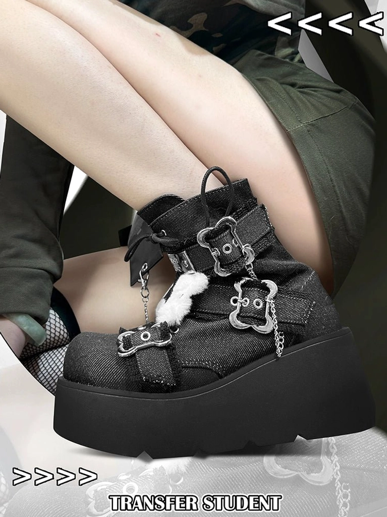 Gloss white platform Martin boots three-quarter view showing adjustable side zipper closure, metal chain straps, white fluffy trims - Jirai Kei aesthetic