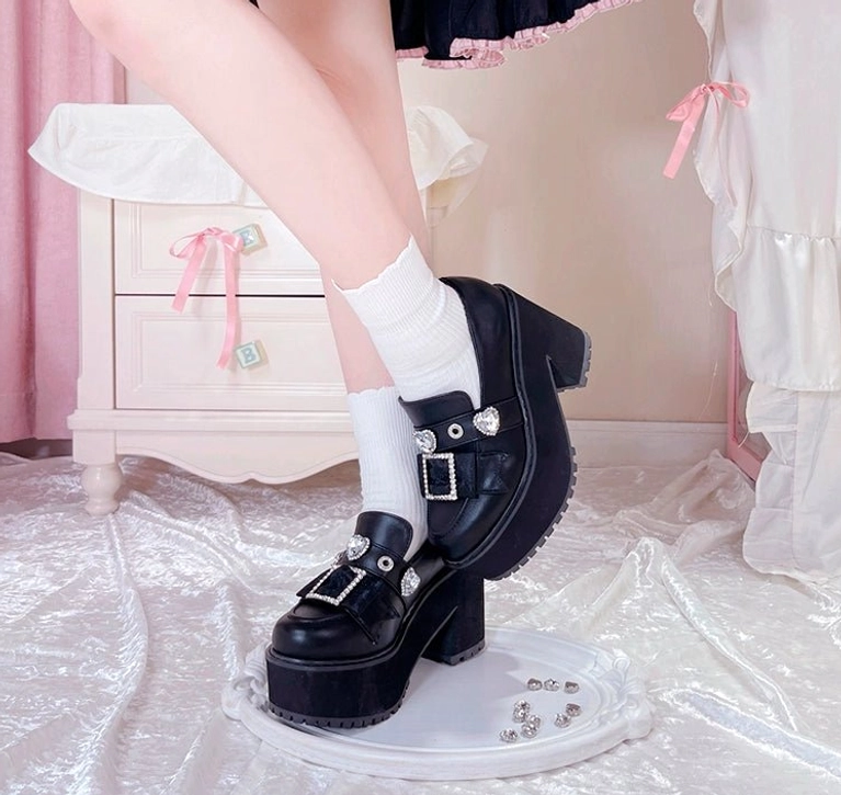 Glossy vs matte finish Jirai Kei platform loafers surface texture comparison showing multiple aesthetic options