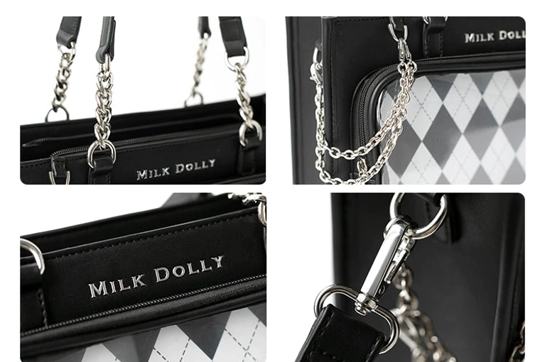 Gold-tone KC hardware plating details on checkered ita bag showing elegant finish and durability features