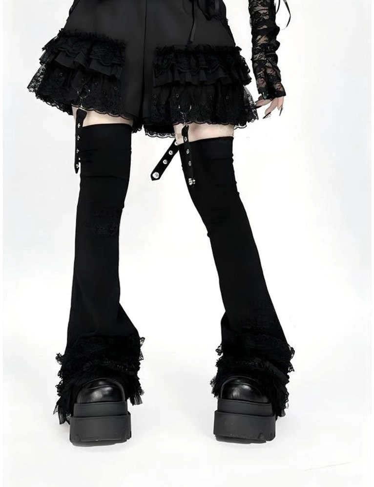 Gothic over-the-knee leg warmers with solid black flared fabric, fuzzy ruffled cuffs, buckle straps and platform heel styling