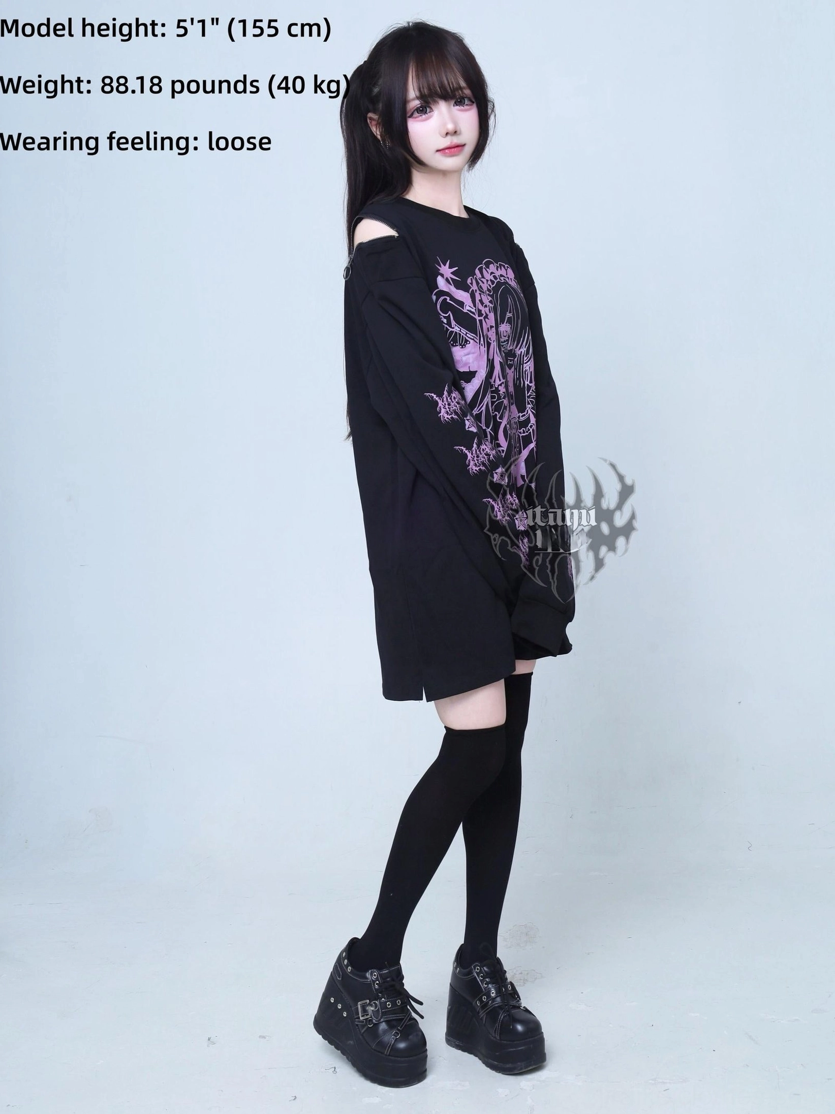 Jirai Kei purple anime graphic gothic long-sleeve tee left profile view with thigh-high socks platform shoes styling