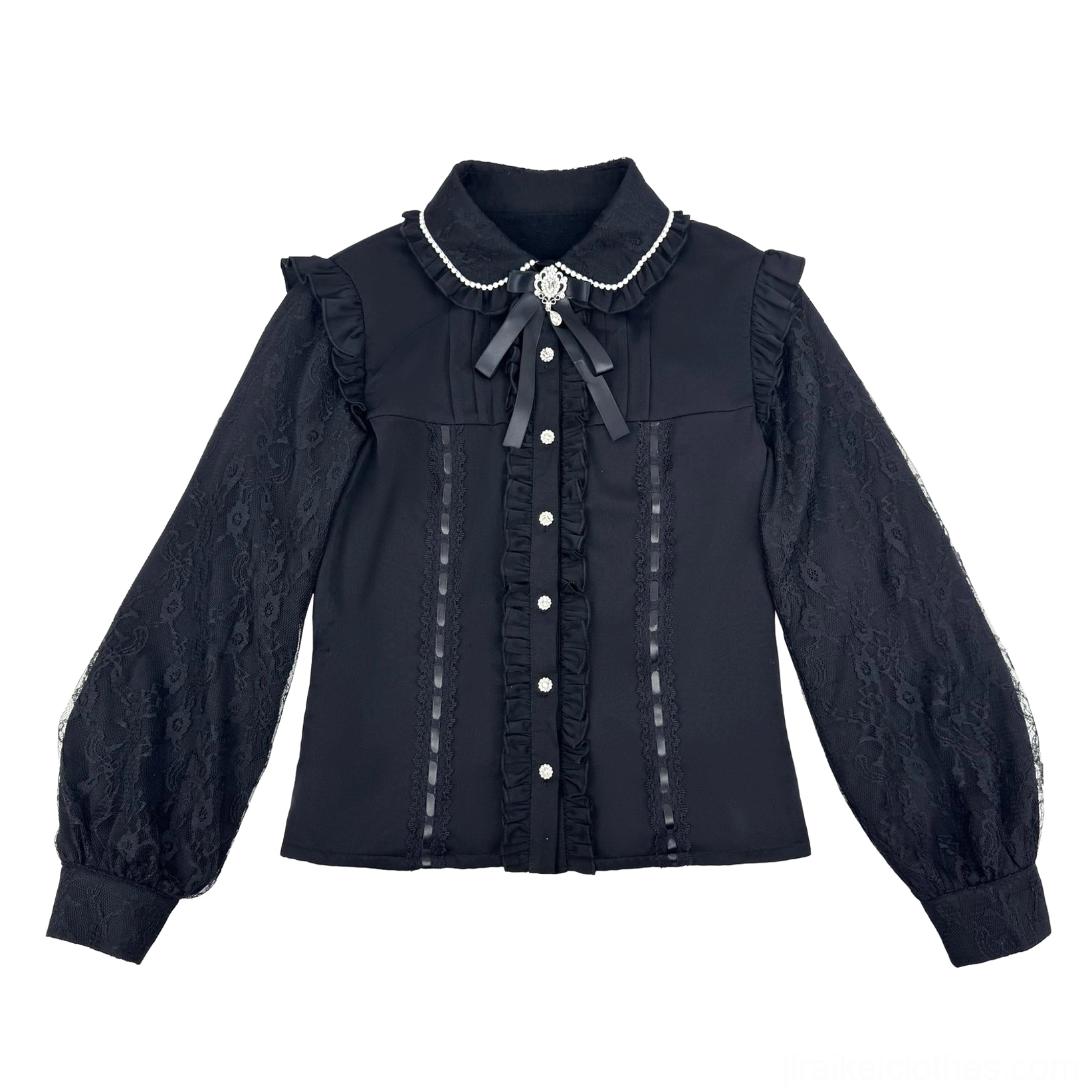 Gothic Jirai Kei blouse black base long lace sleeves bow decoration flat lay front view