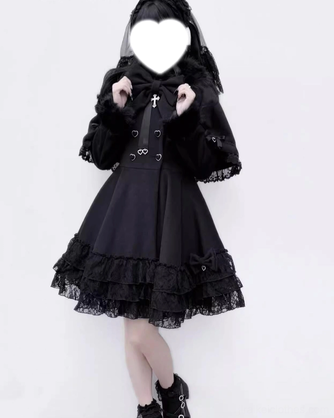 Left side profile of gothic Jirai Kei winter coat with fur collar trim, heart-shaped fasteners, and intricate lace hemline design