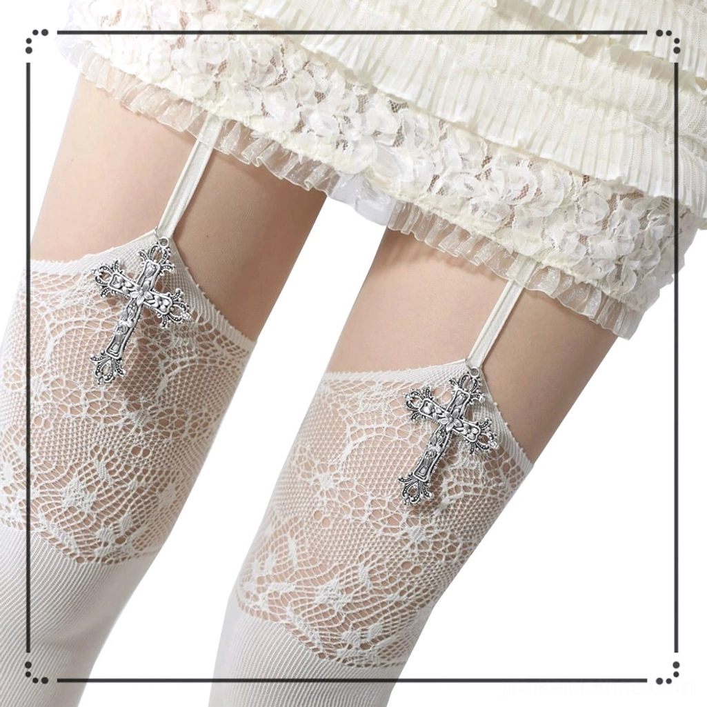 Gothic jirai kei garter stockings with silver cross pendant and intricate lace cutout detail, comprehensive product showcase for jirai kei alternative fashion