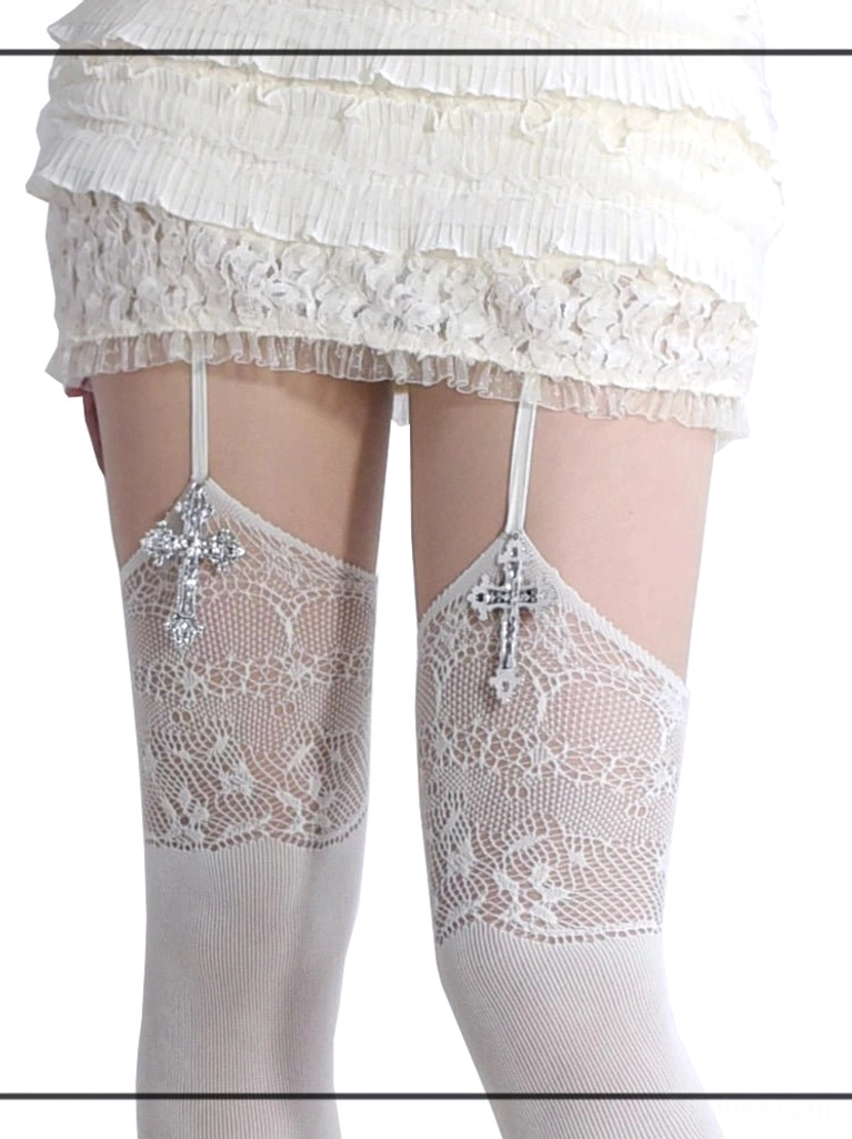 Gothic jirai kei garter thigh-high stockings featuring cross pendant accent and decorative lace cutout band, fashion styling perspective view
