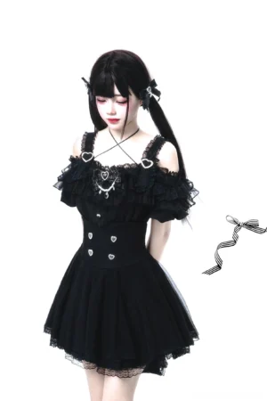Black gothic lolita open-shoulder ensemble full-body front view showcasing fitted waist and decorative heart-shaped buttons on pleated skirt