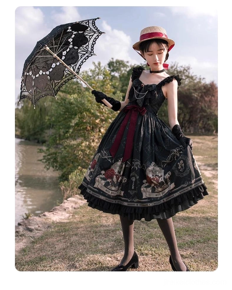 Gothic lolita jsk dress outdoor sitting pose black gloves straw hat choker necklace