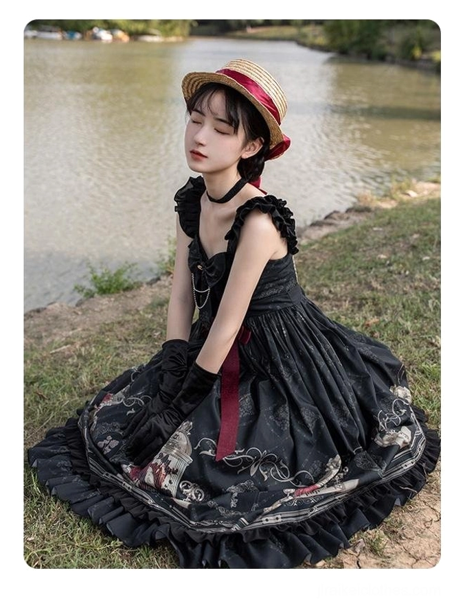 Gothic lolita jsk dress half body outdoor sitting with straw boater hat black gloves relaxed pose