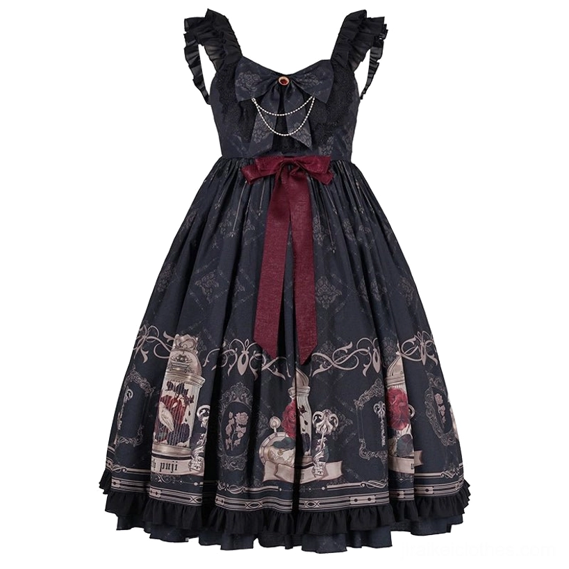 Black gothic lolita jsk dress shoulder strap ruffled collar delicate collarbone design