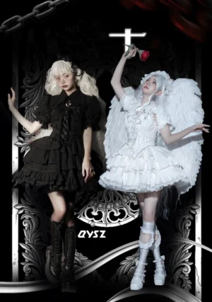 Gothic Lolita jumper dress promotional poster featuring black and white styles with models wearing ruffled short skirts against dark gothic background