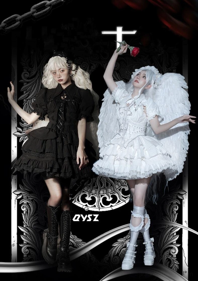 Gothic Lolita jumper dress promotional poster featuring black and white styles with models wearing ruffled short skirts against dark gothic background