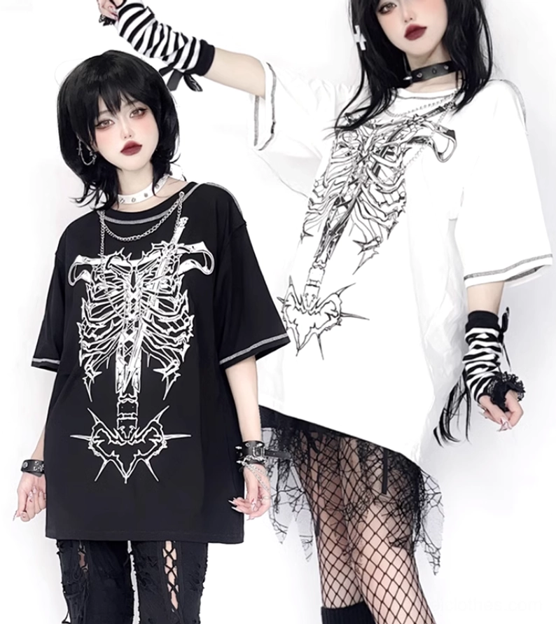 Two models in oversized gothic punk tees with layered chain collar identical ribcage dagger print front standing pose