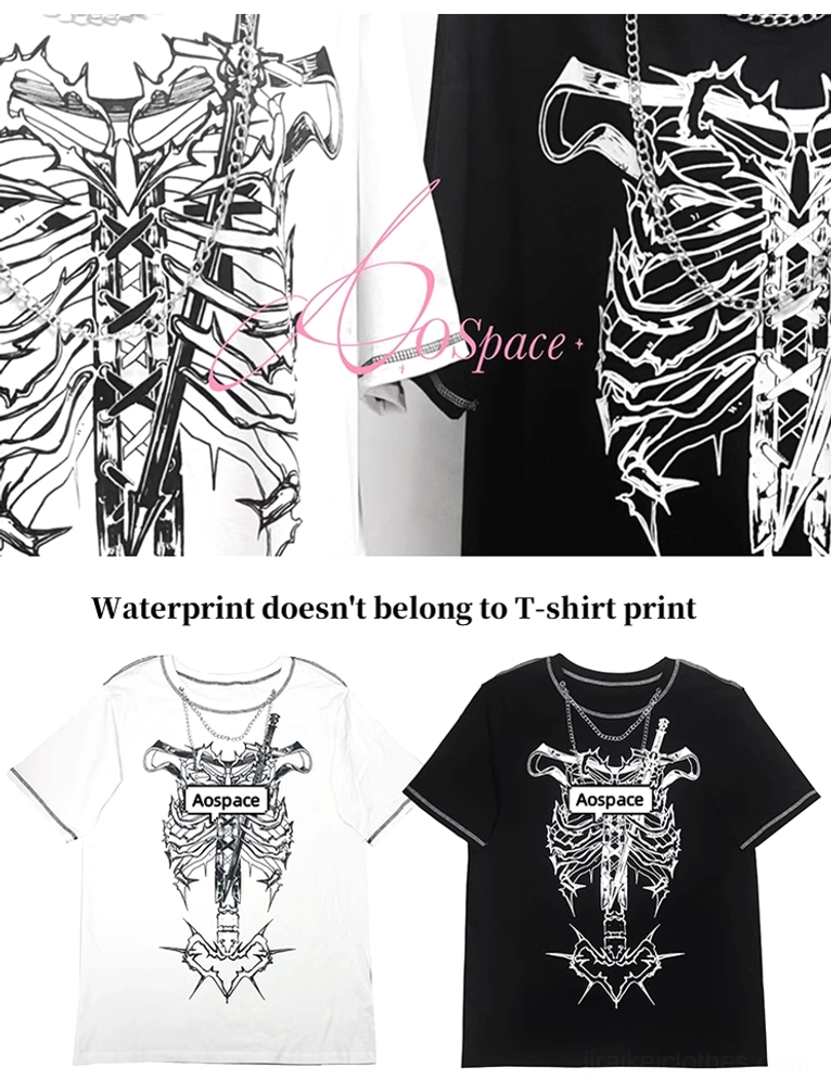 Gothic punk T-shirt contrast sleeve stitching ribcage dagger print construction detail exposed seams