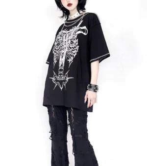 Black oversized gothic punk T-shirt with contrast sleeve stitching drop shoulder ribcage print side view