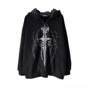 Gothic Seal black oversized jirai kei zip-up hoodie front flat product shot with silver tribal cross print and striped hood lining