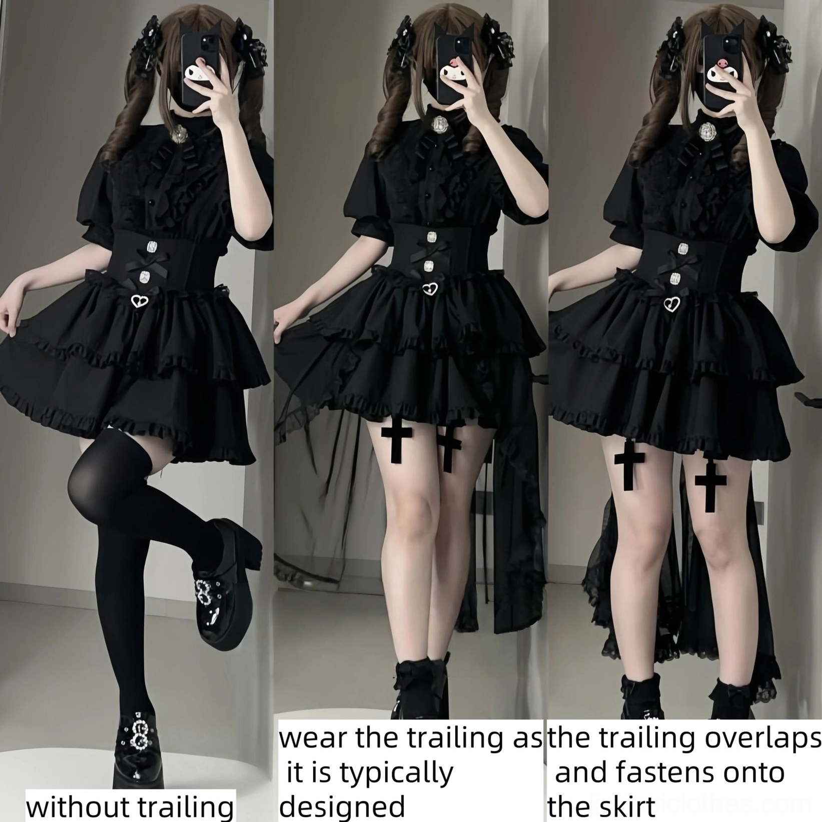 Gothic skirt with detachable trailing full body mirror selfie view on twin ponytail model showcasing cross leg charms, attachable trailing skirt, and layered ruffle design